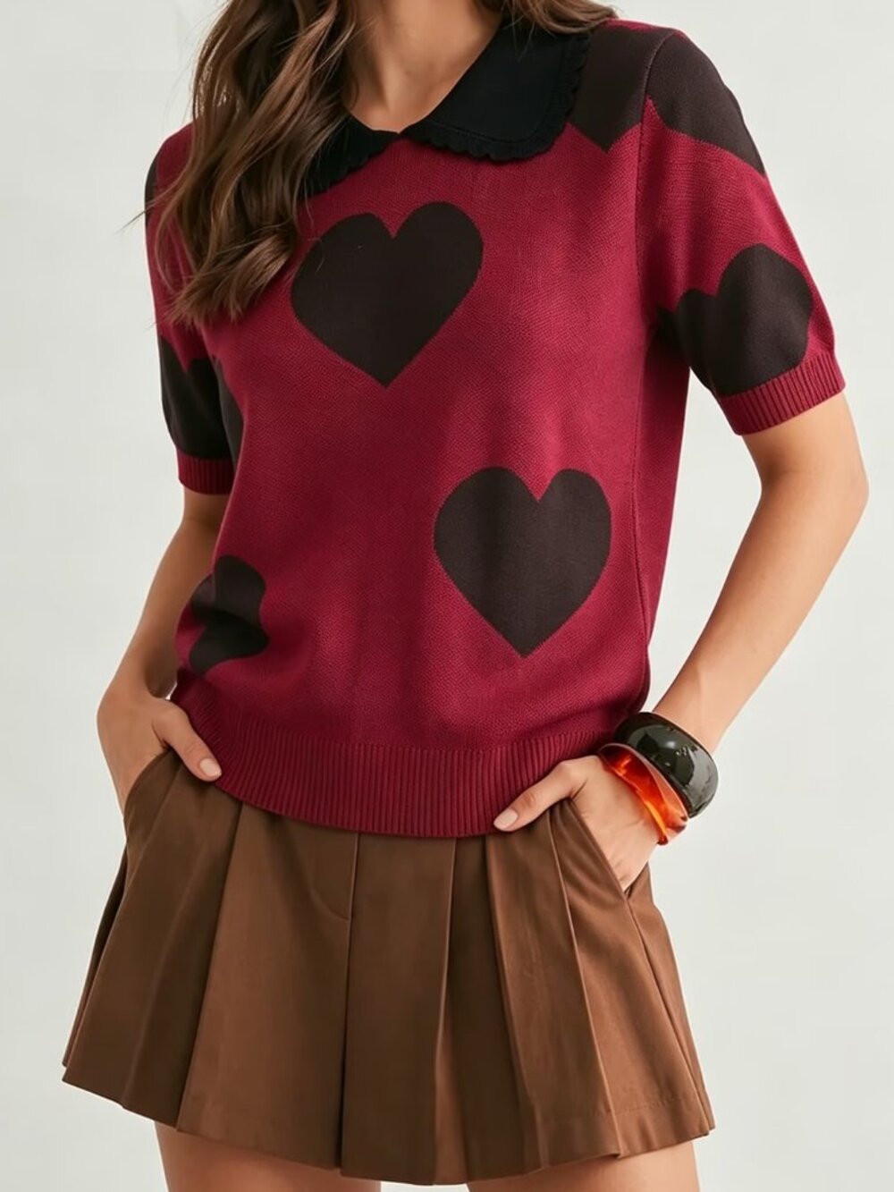 Doll Collar Heart Color Block Short Sleeve Sweater TEMPORARILY UNAVAILABLE DO NO